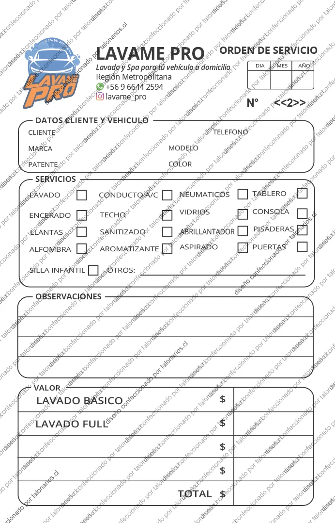 Muestra de car wash en tamaño Media carta