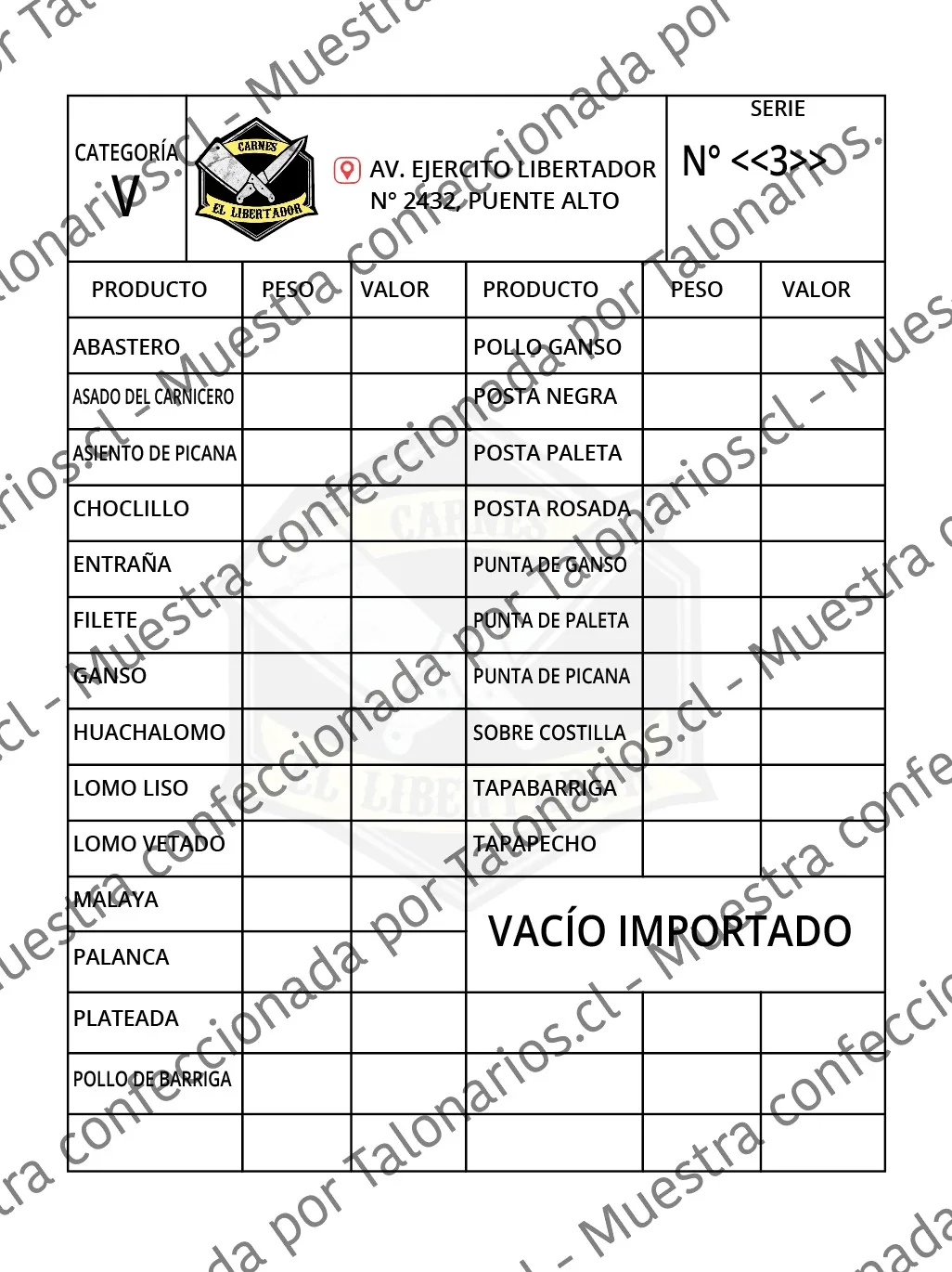Muestra de carniceria en tamaño Media carta