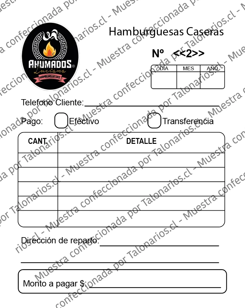 Muestra de comandas restaurant en tamaño Cuarto carta