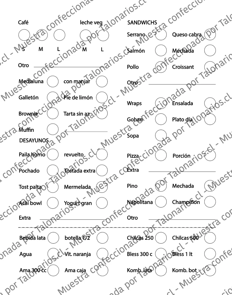 Muestra de comandas restaurant en tamaño Cuarto carta