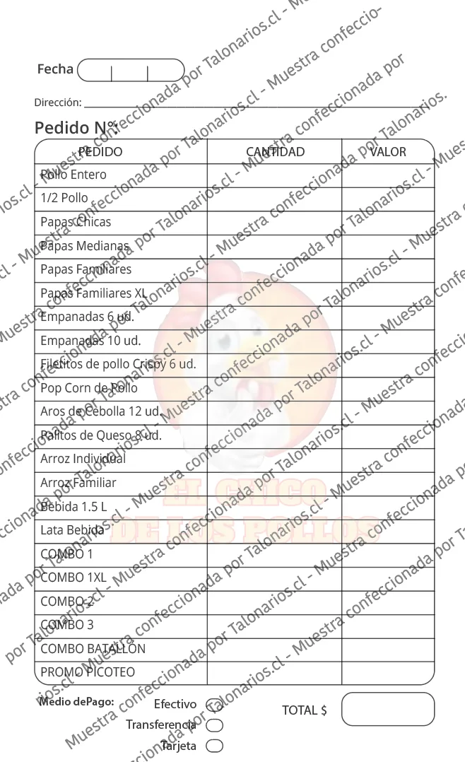 Muestra de comandas restaurant en tamaño Media carta