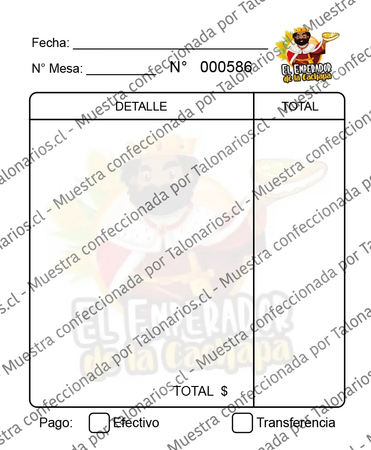 Muestra de comandas restaurant en tamaño Cuarto carta