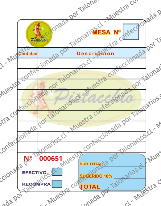 Muestra de comandas restaurant en tamaño Cuarto carta