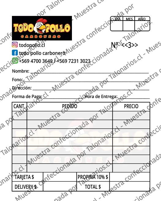 Muestra de comandas restaurant en tamaño Cuarto carta