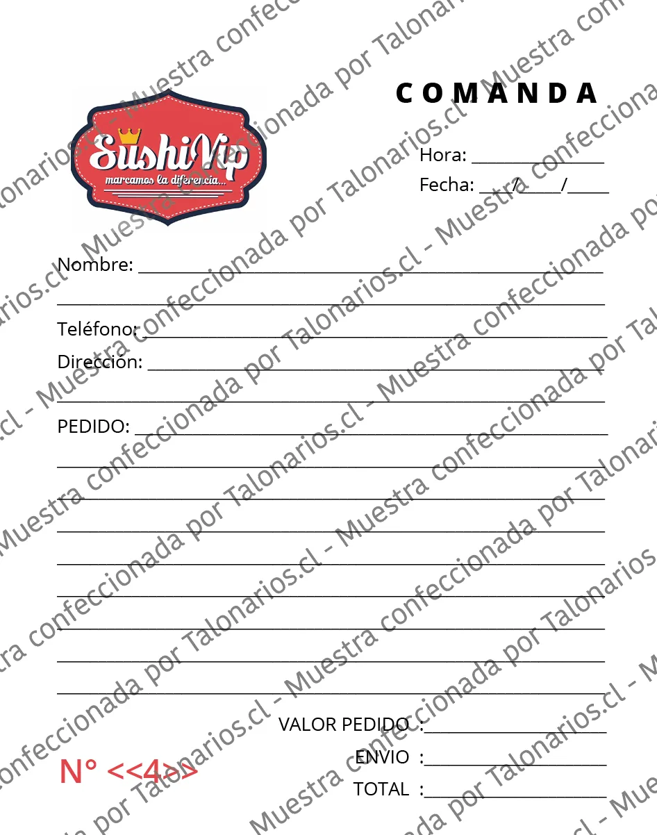 Muestra de comandas restaurant en tamaño Cuarto carta