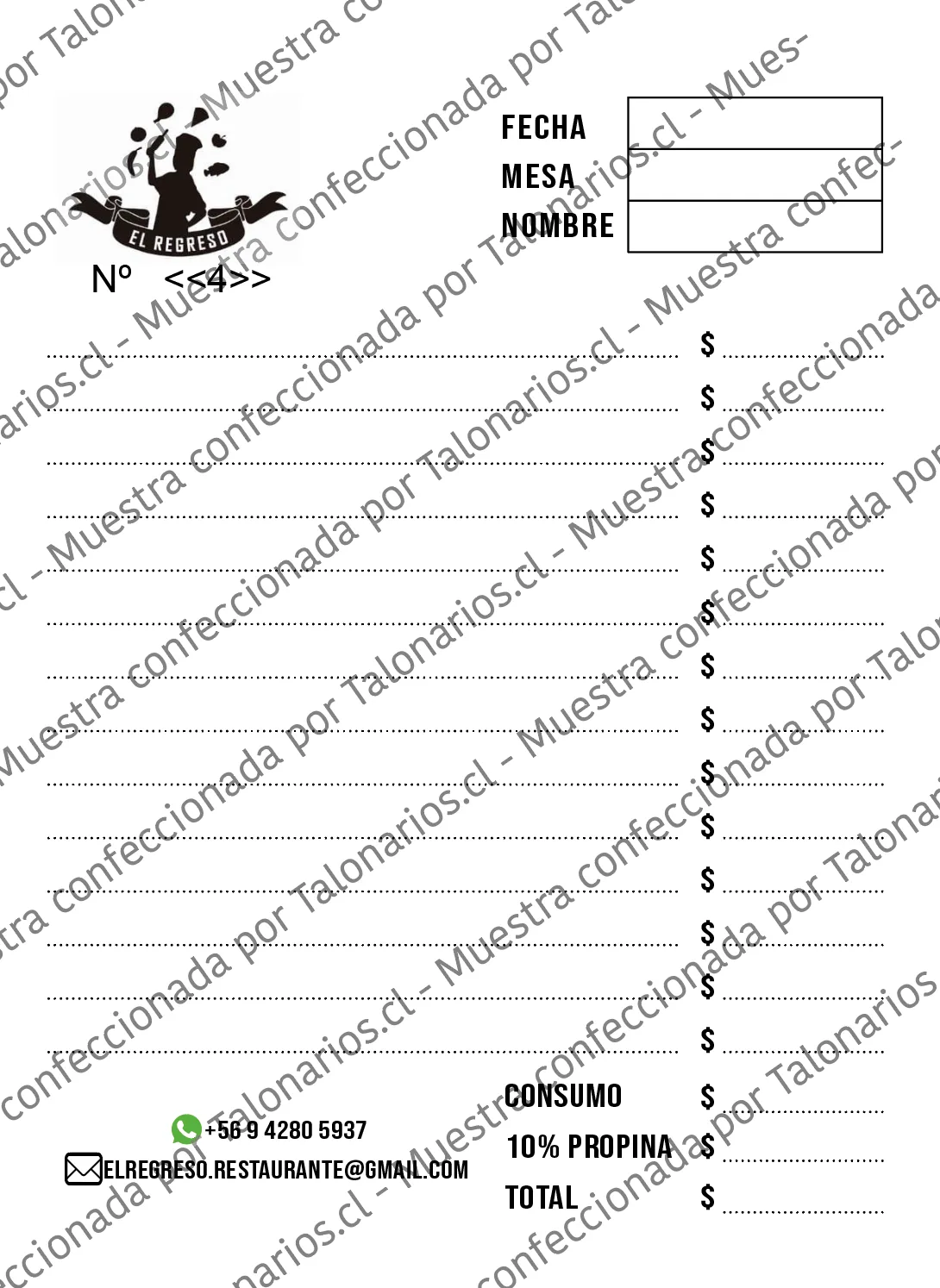 Muestra de comandas restaurant en tamaño Cuarto carta