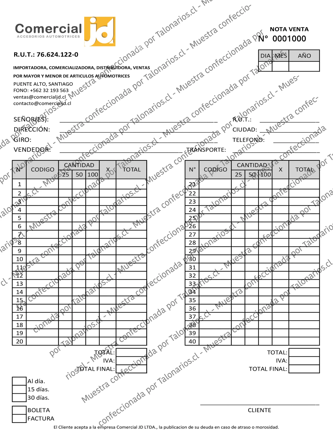 Muestra de comprobantes en tamaño Carta