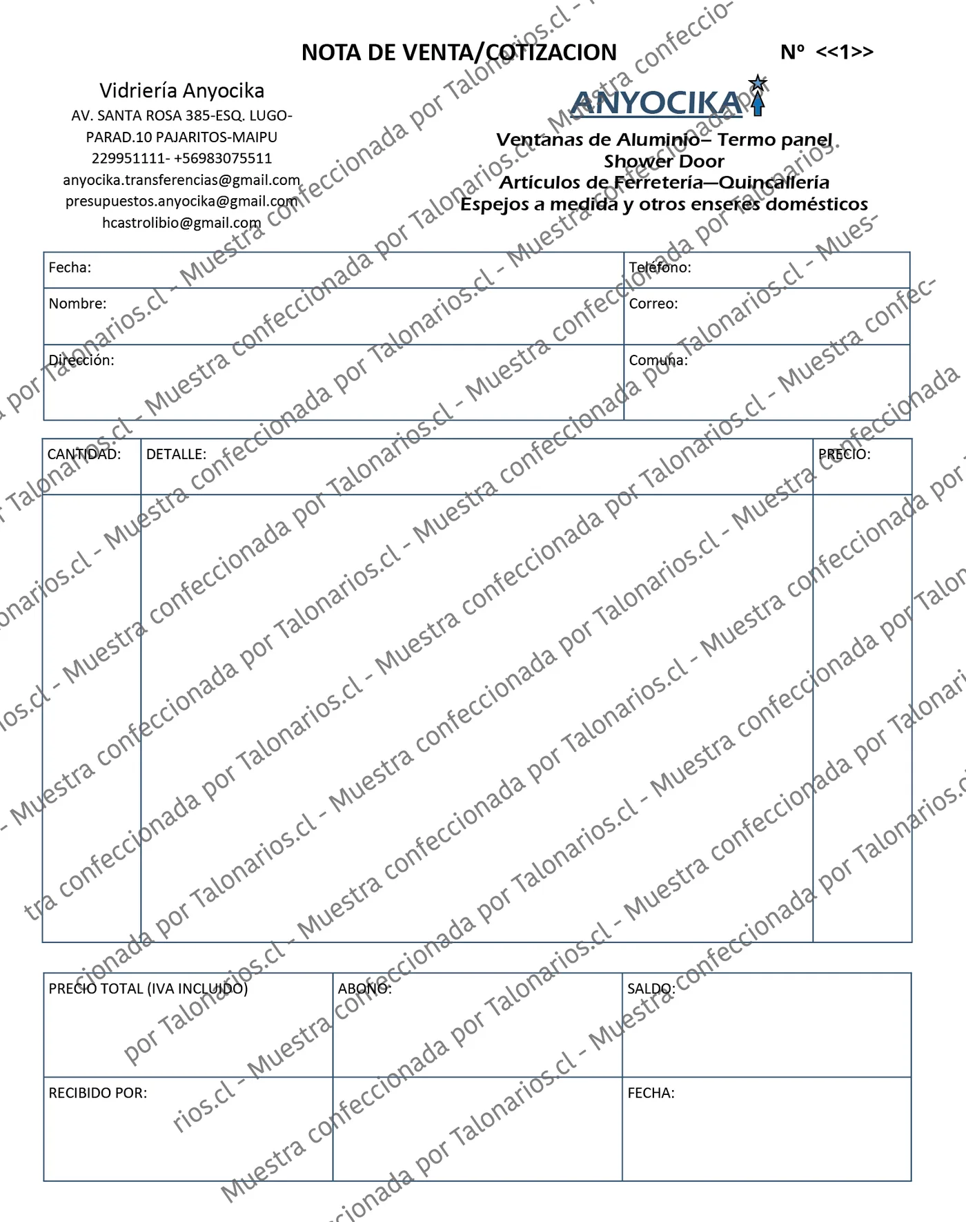 Muestra de comprobantes en tamaño Carta