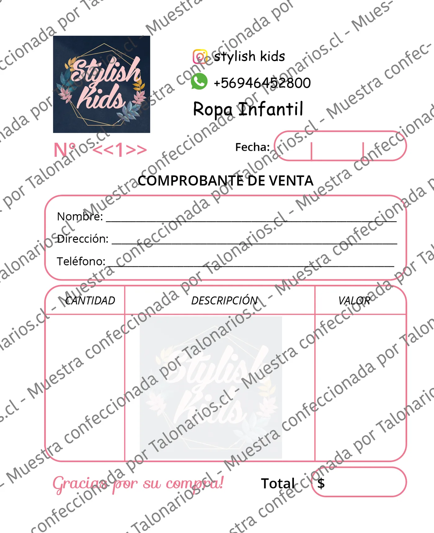 Muestra de comprobantes en tamaño Cuarto carta