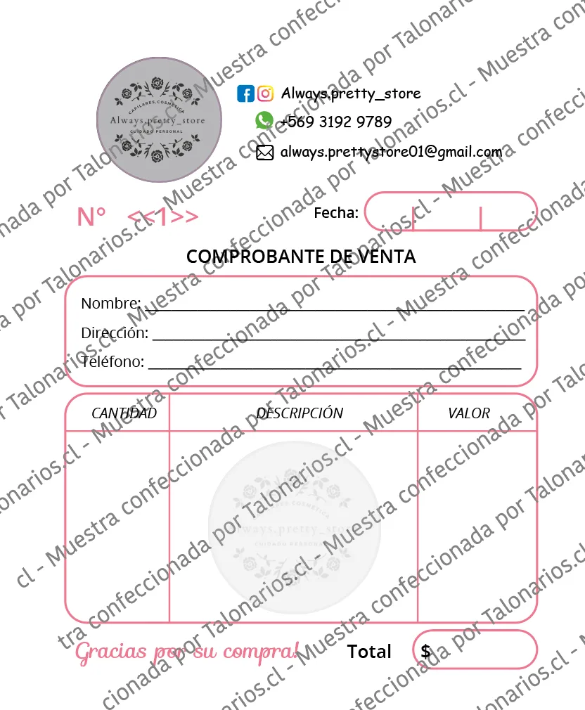 Muestra de comprobantes en tamaño Cuarto carta