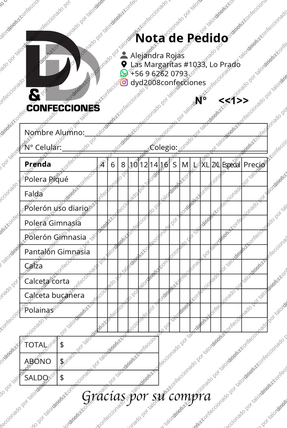 Muestra de confecciones en tamaño Carta