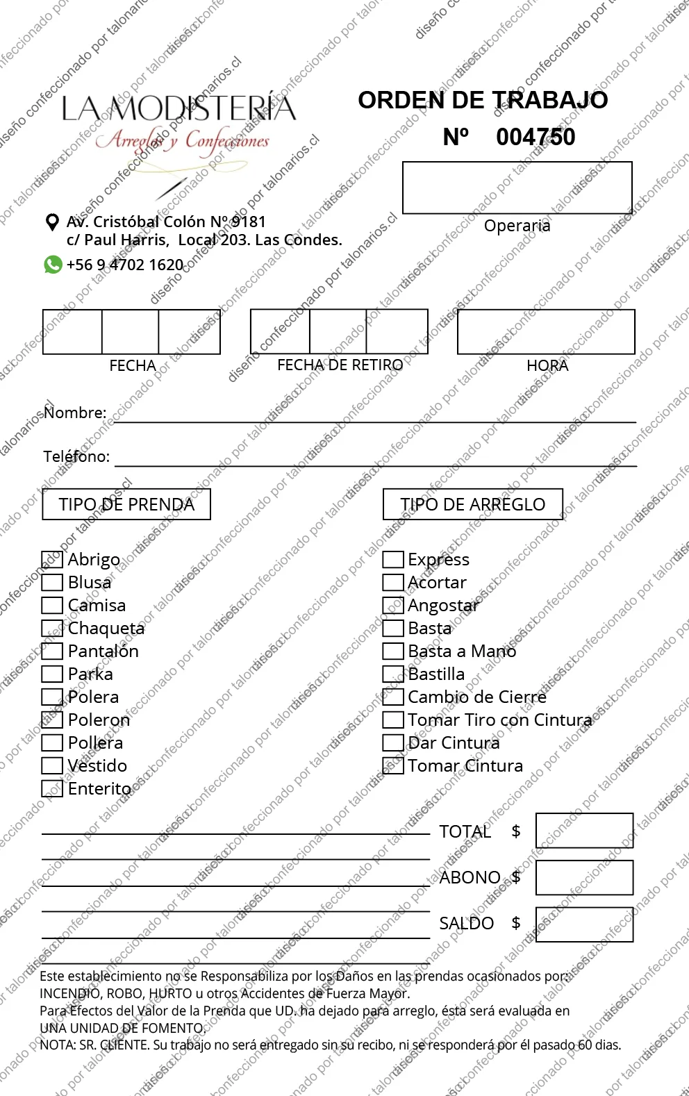Muestra de confecciones en tamaño Media carta