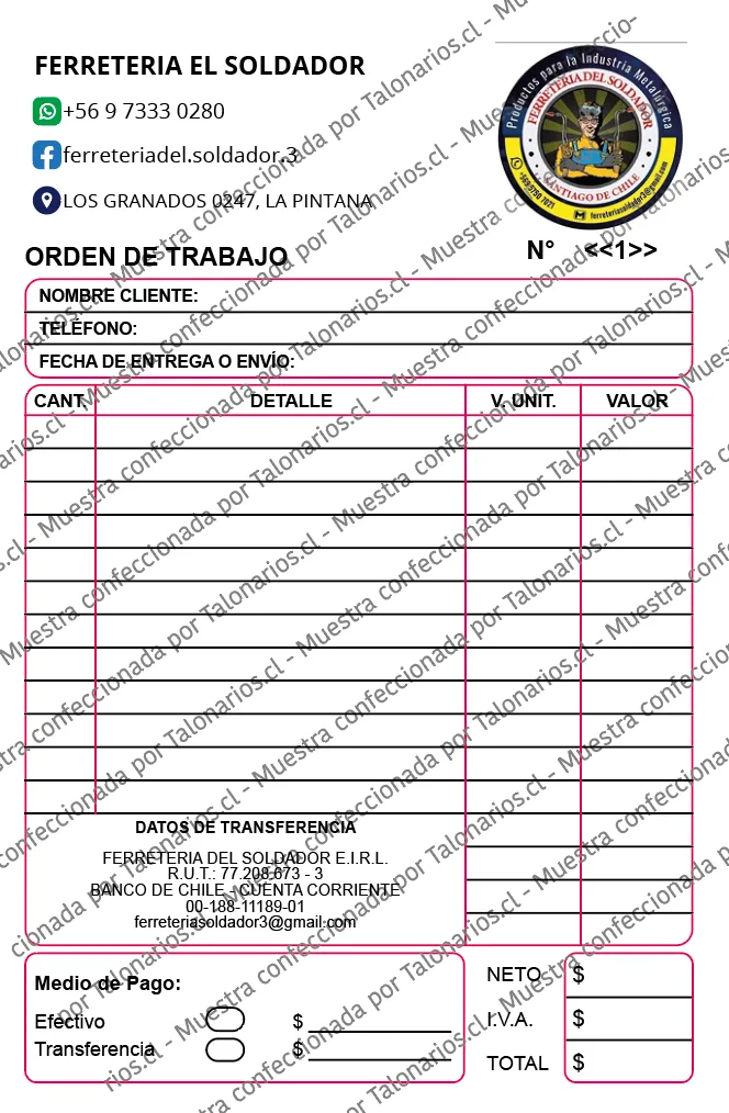 Muestra de ferreteria en tamaño Media carta