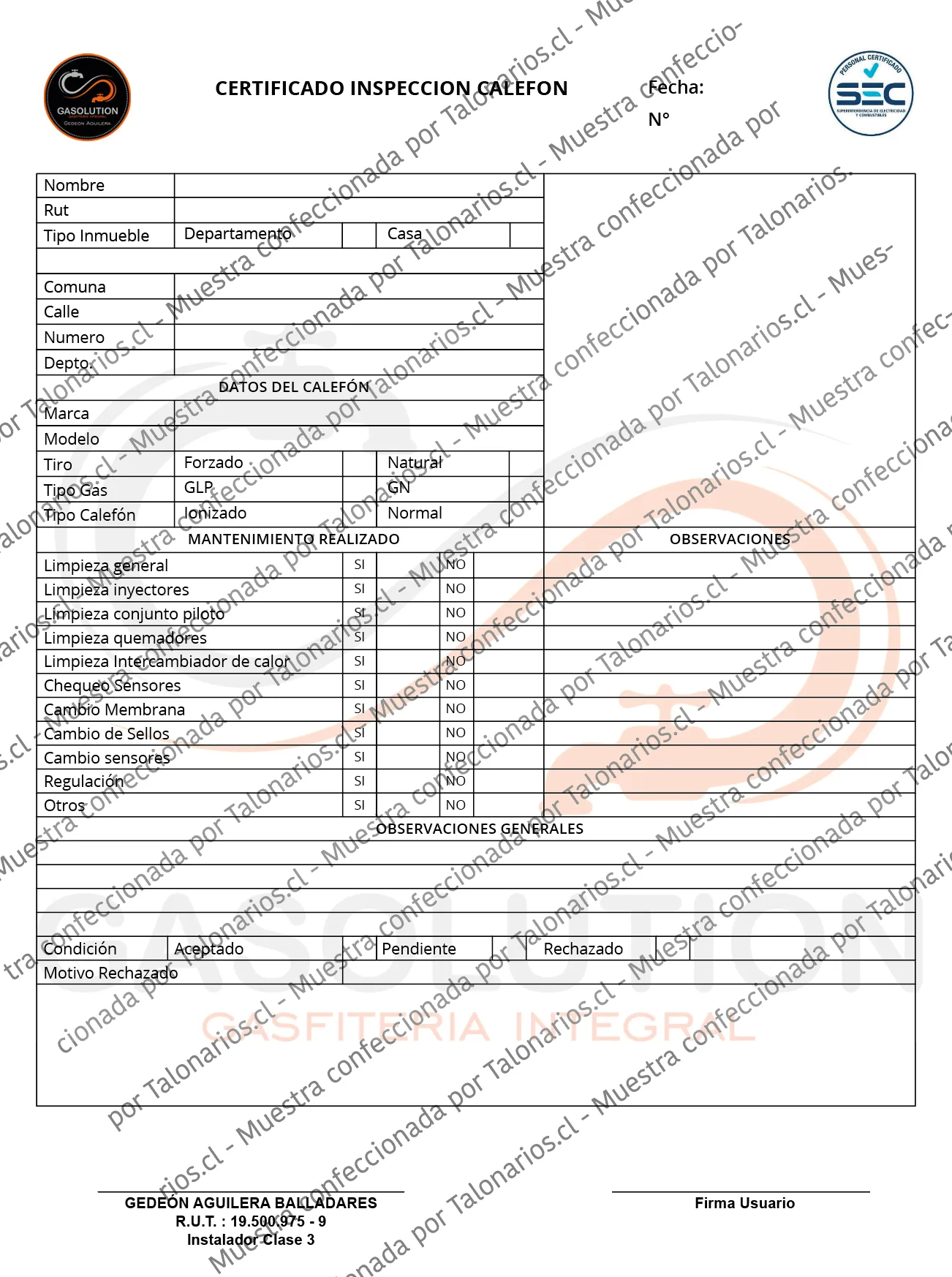 Muestra de gasfiteria en tamaño Carta