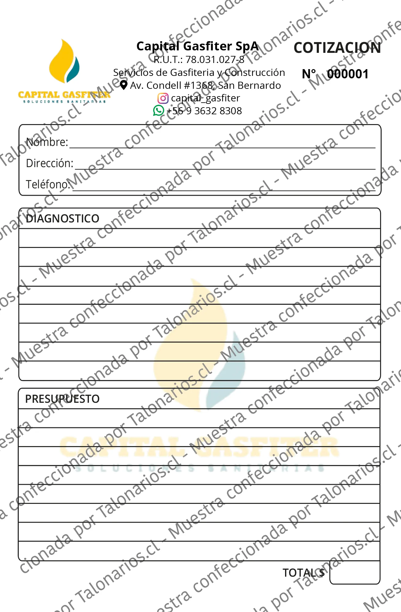 Muestra de gasfiteria en tamaño Carta