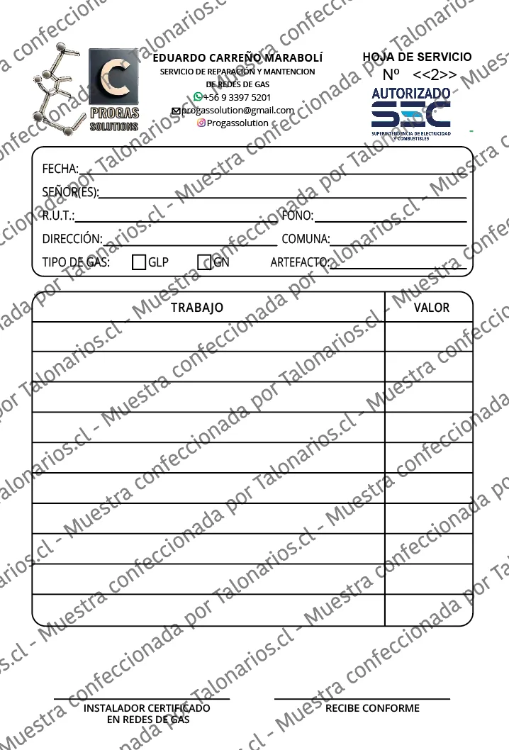 Muestra de gasfiteria en tamaño Media carta