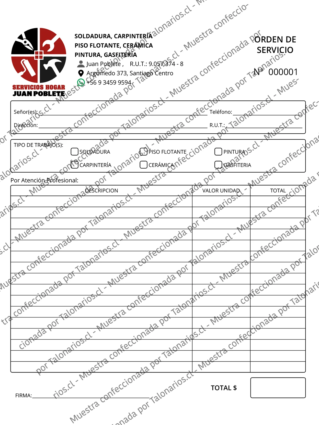 Muestra de gasfiteria en tamaño Carta