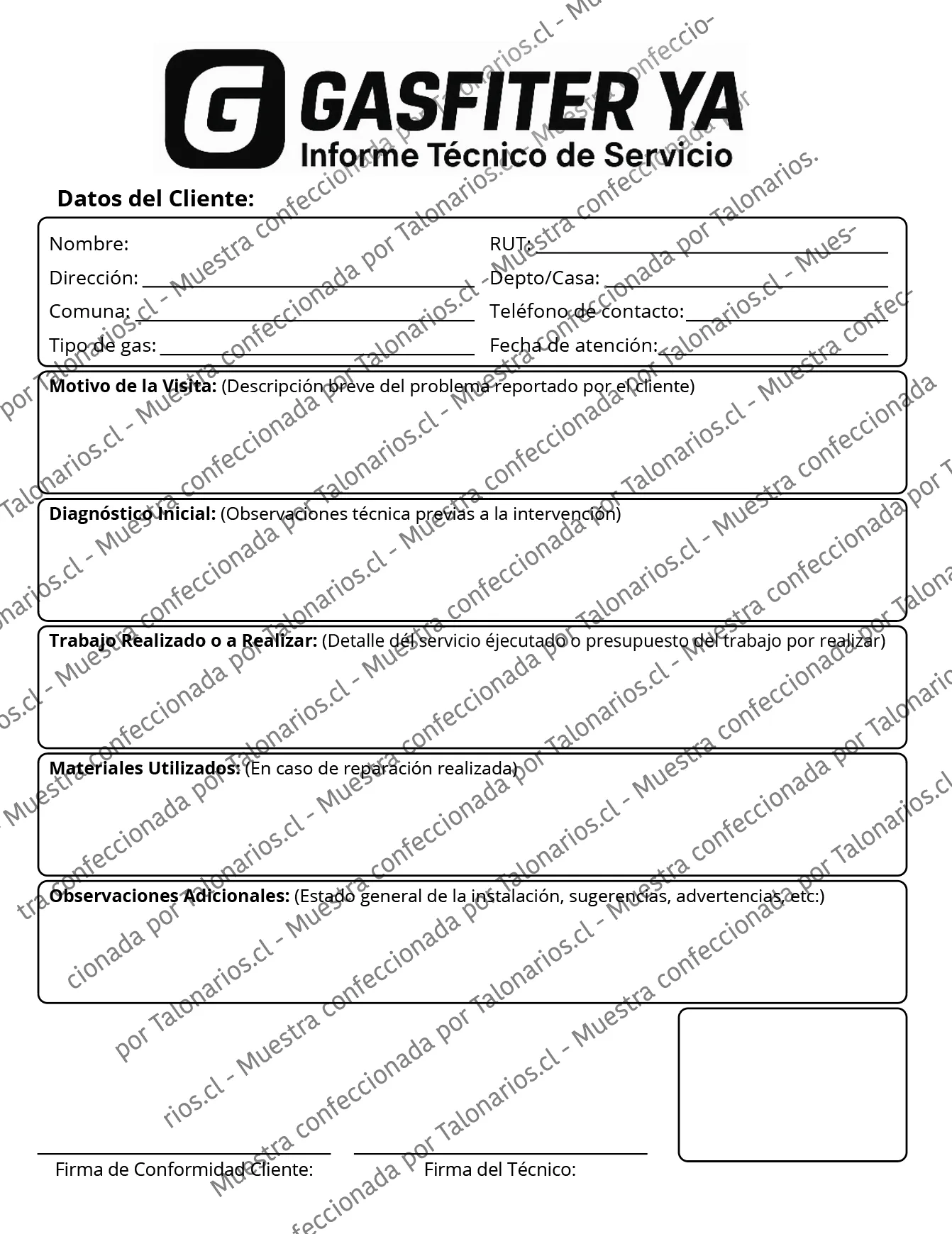 Muestra de gasfiteria en tamaño Carta