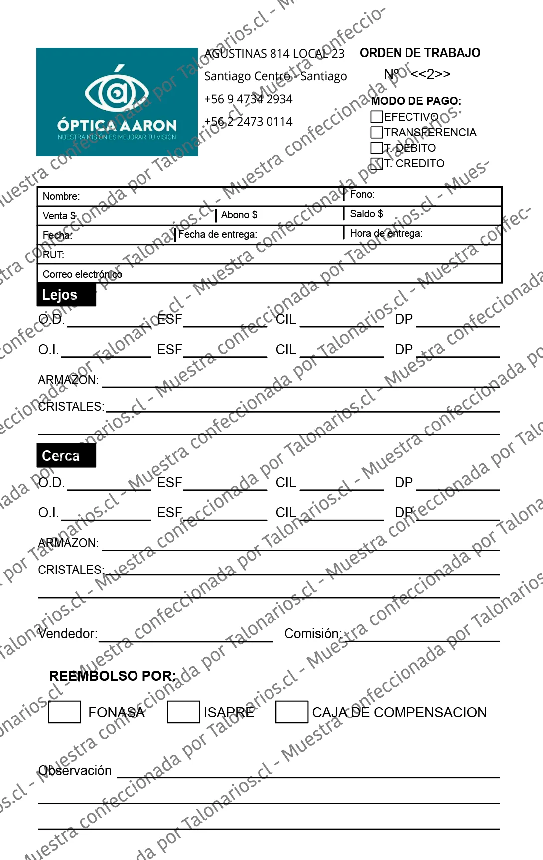 Muestra de optica en tamaño Media carta