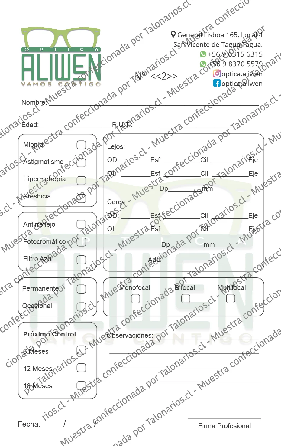 Muestra de optica en tamaño Media carta