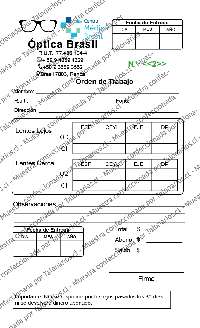 Muestra de optica en tamaño Media carta