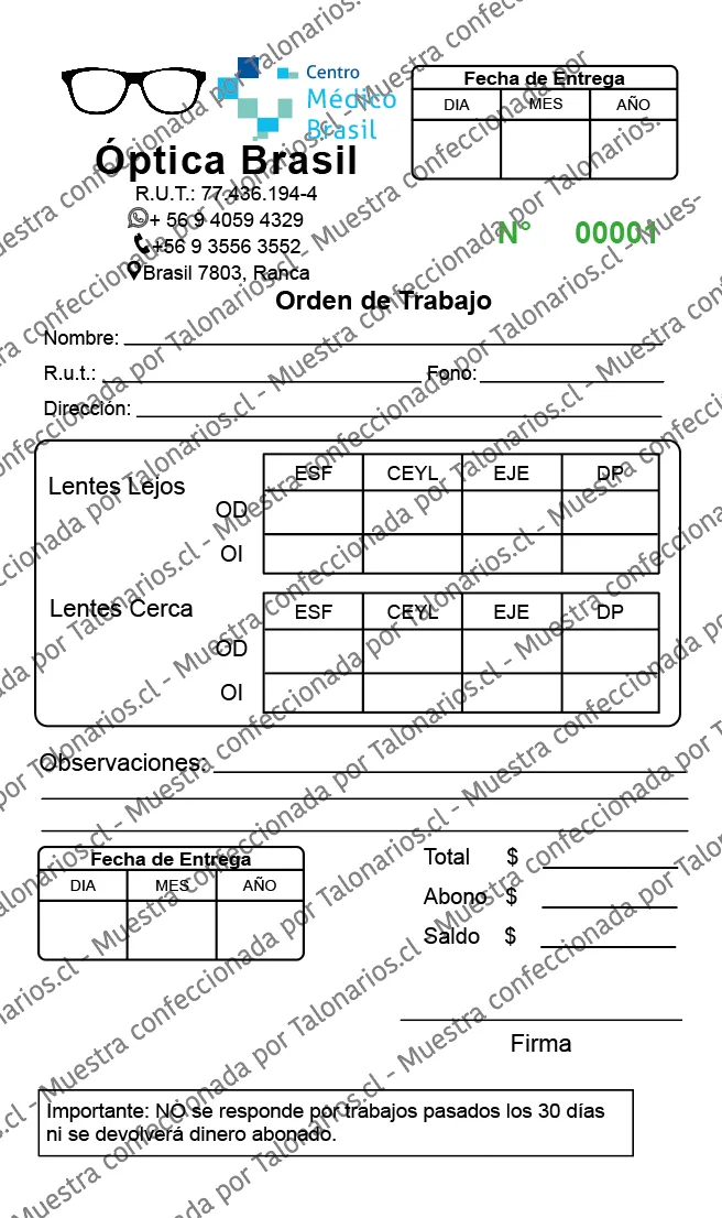 Muestra de optica en tamaño Media carta
