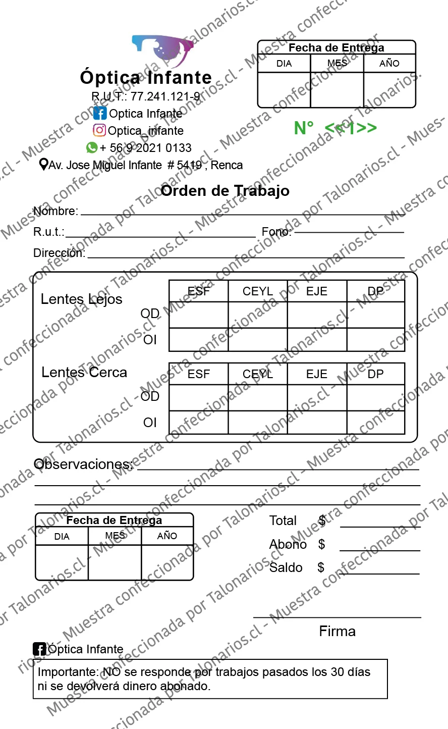 Muestra de optica en tamaño Media carta