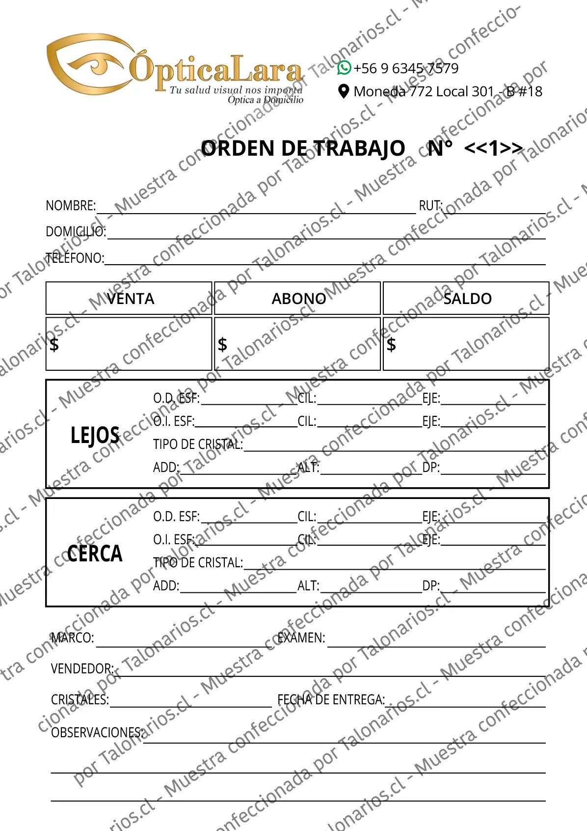 Muestra de optica en tamaño Media carta