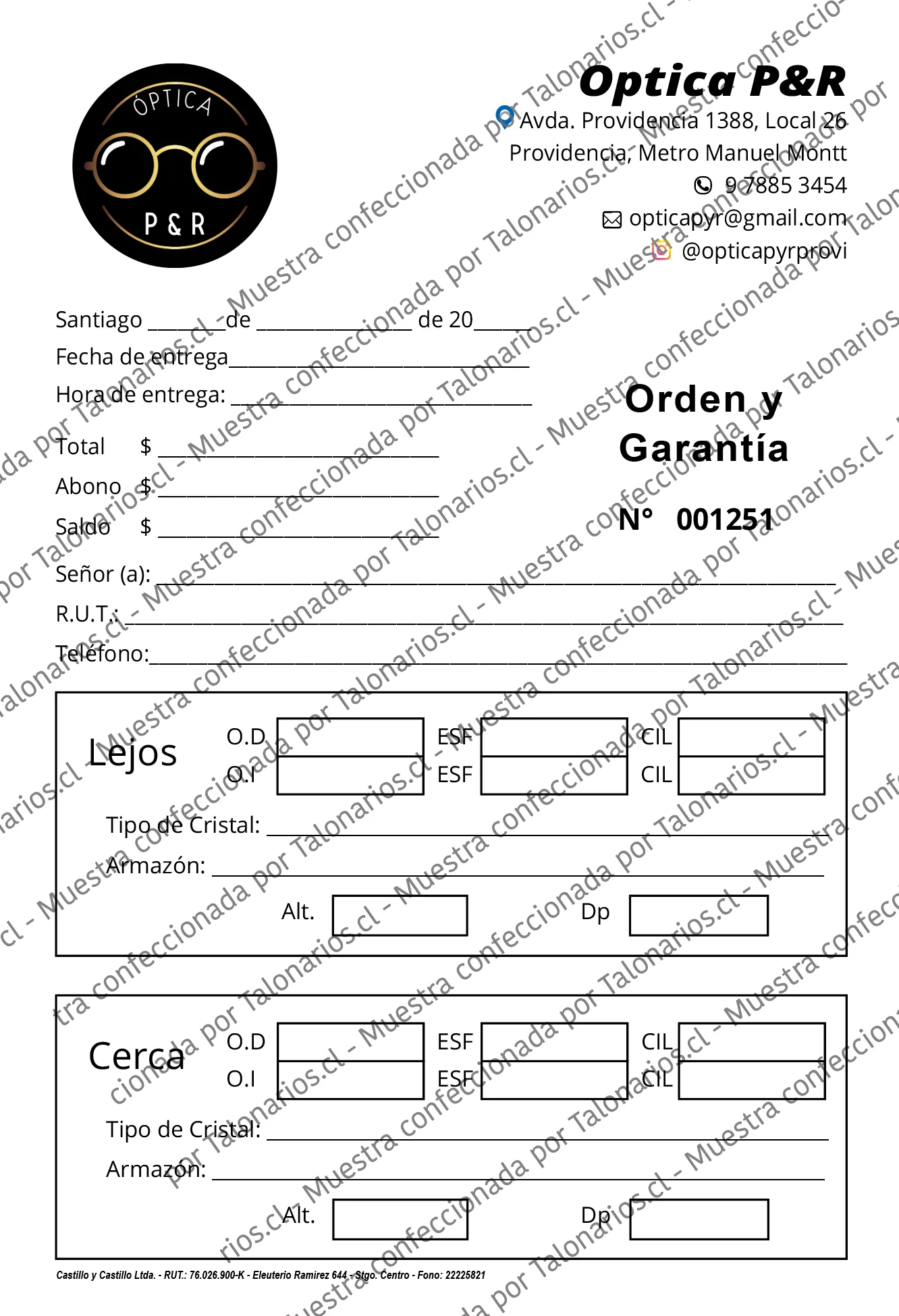 Muestra de optica en tamaño Media carta