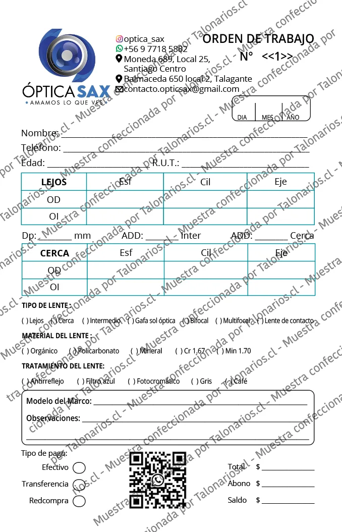 Muestra de optica en tamaño Media carta