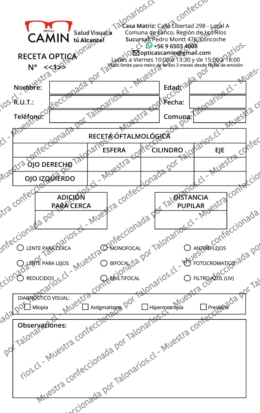 Muestra de optica en tamaño Media carta