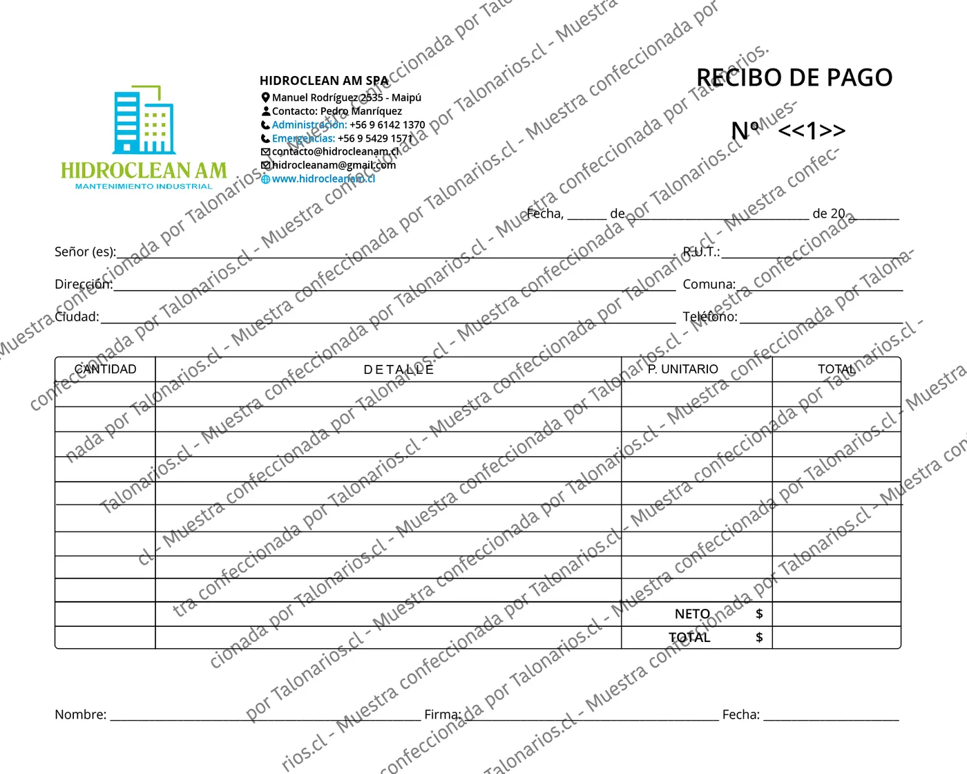 Muestra de recibo pago en tamaño Medio oficio