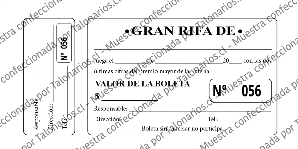 Muestra de rifas en tamaño Cuarto carta