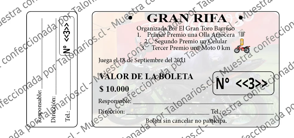 Muestra de rifas en tamaño Cuarto carta