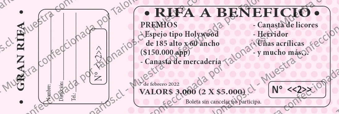 Muestra de rifas en tamaño Cuarto carta