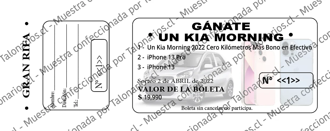 Muestra de rifas en tamaño Cuarto carta