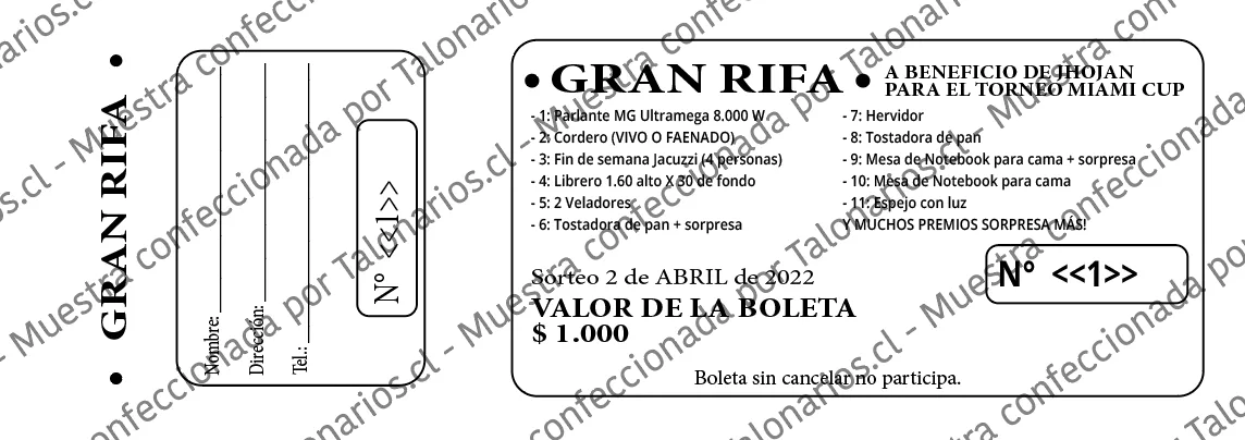 Muestra de rifas en tamaño Cuarto carta