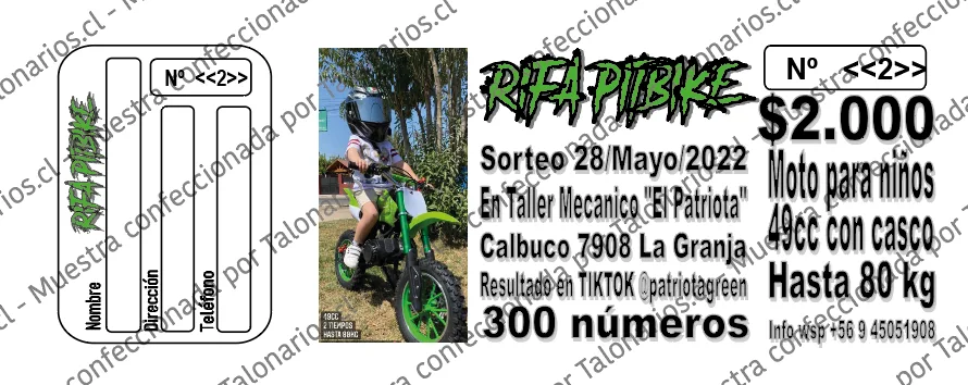 Muestra de rifas en tamaño Cuarto carta