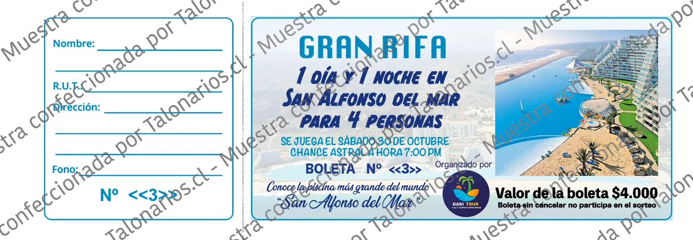 Muestra de rifas en tamaño Cuarto carta