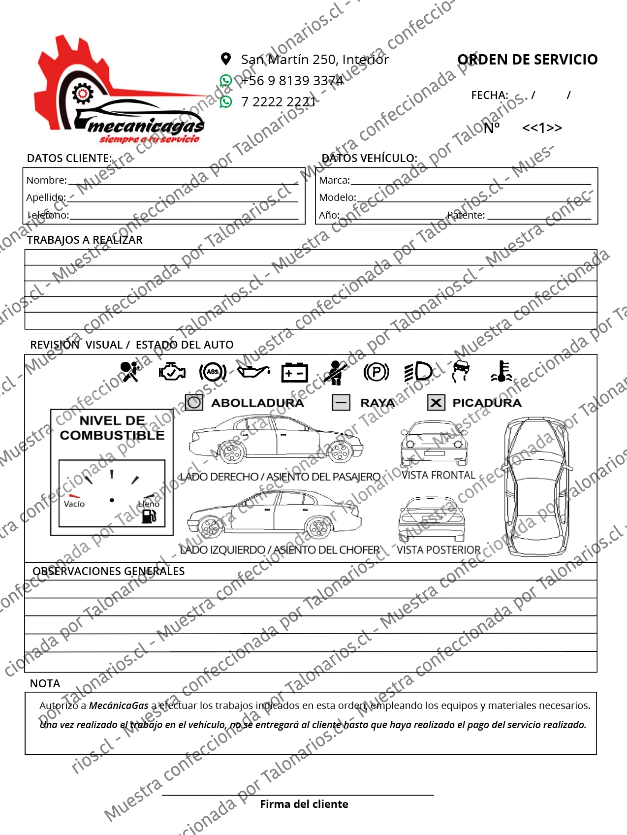 Muestra de taller mecanico en tamaño Carta