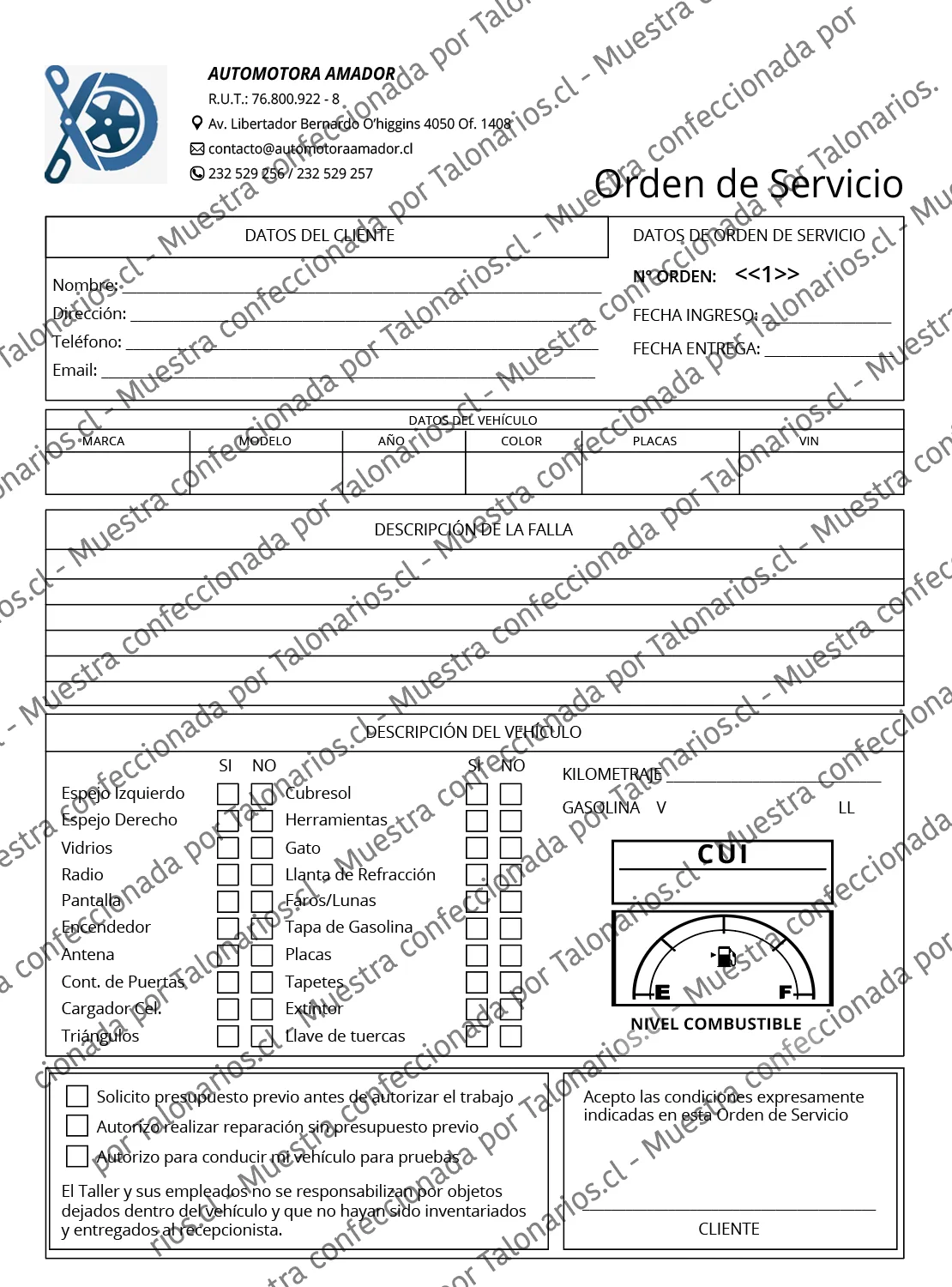 Muestra de taller mecanico en tamaño Carta