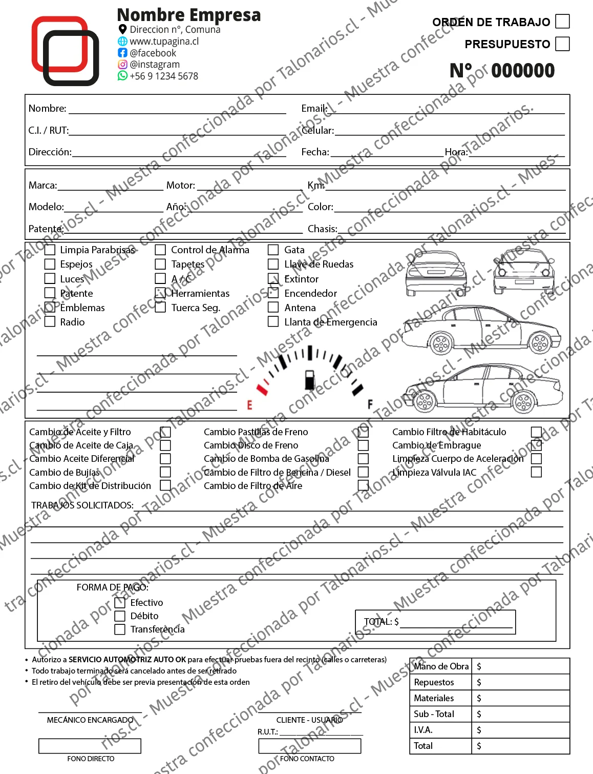 Muestra de taller mecanico en tamaño Carta