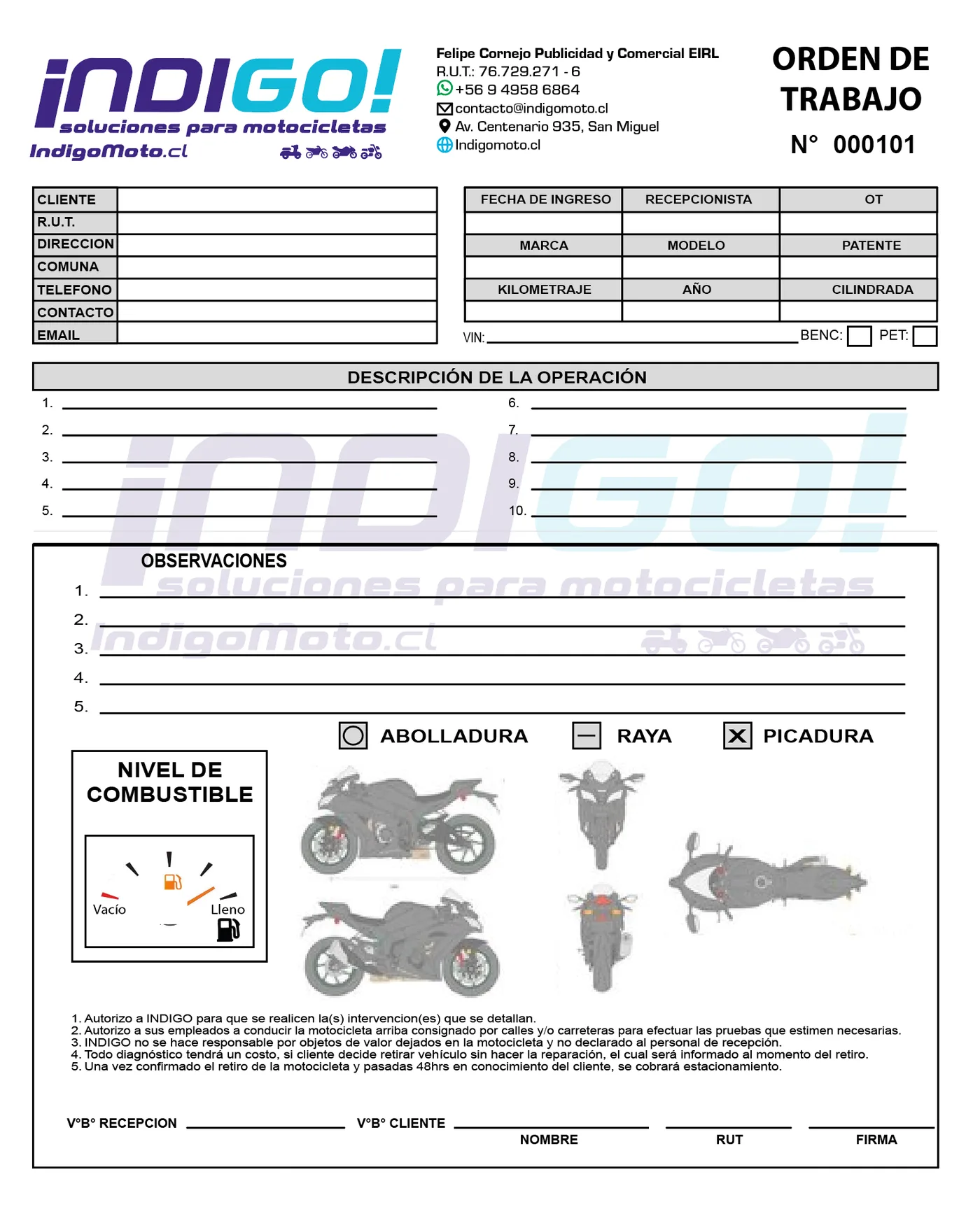 Muestra de taller motos en tamaño Carta