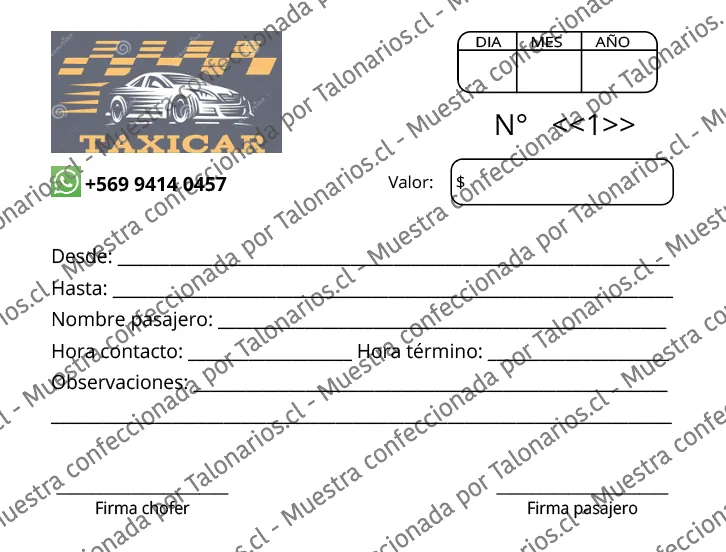Muestra de taxi en tamaño Cuarto carta