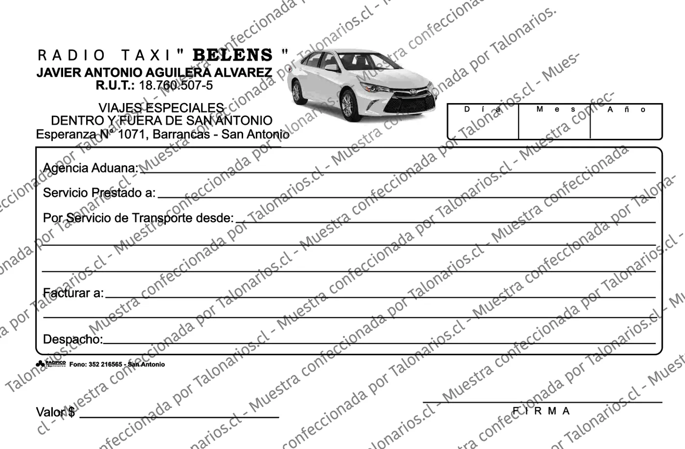 Muestra de taxi en tamaño Cuarto carta