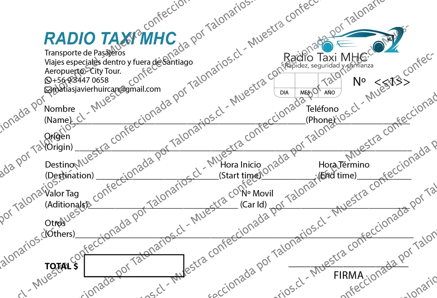 Muestra de taxi en tamaño Cuarto carta