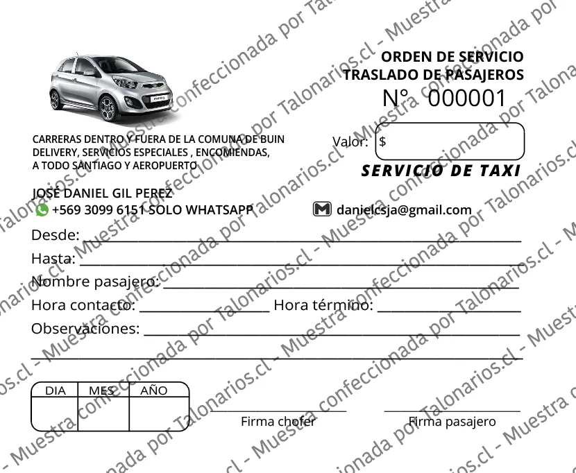 Muestra de taxi en tamaño Cuarto carta
