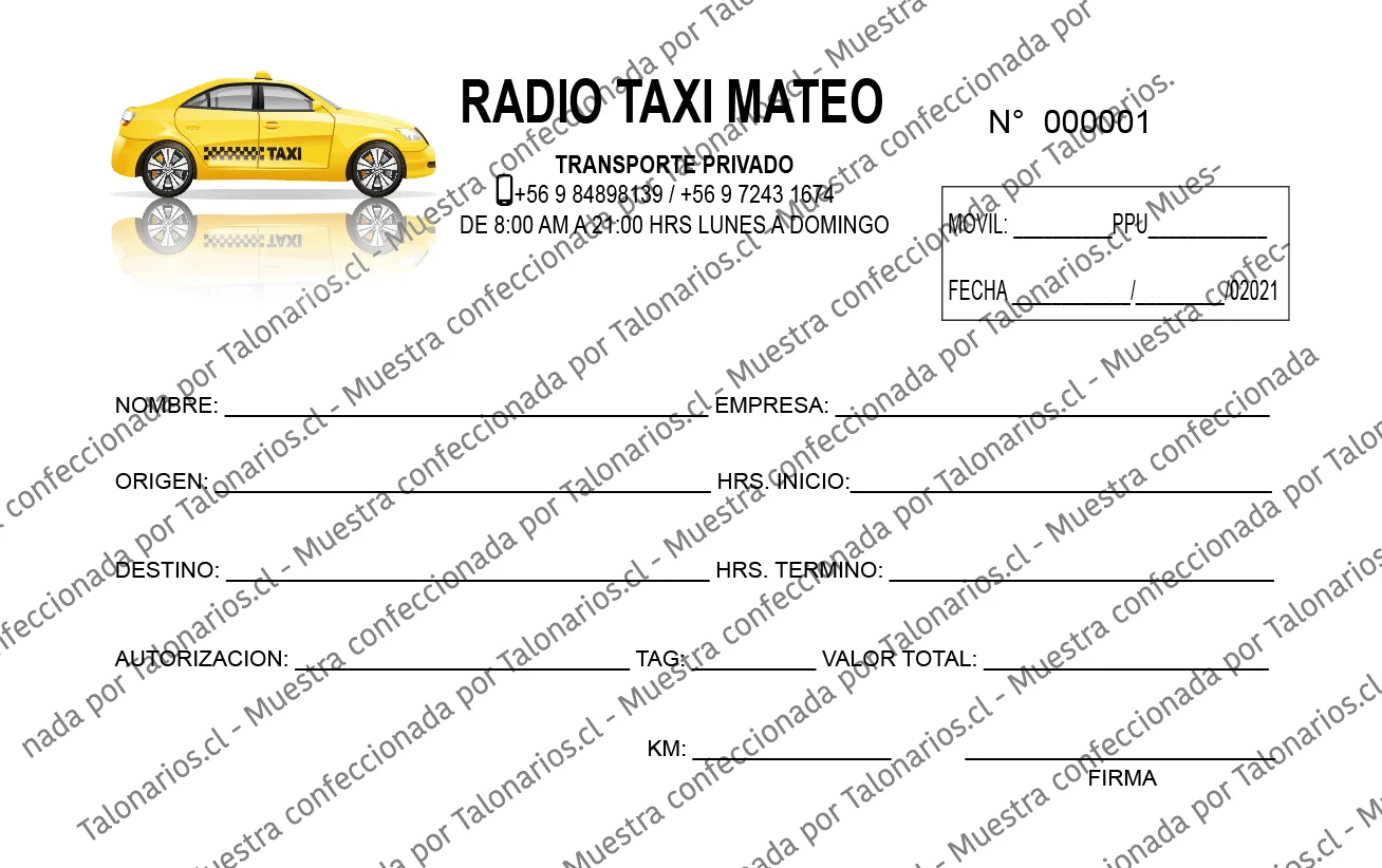 Muestra de taxi en tamaño Cuarto carta