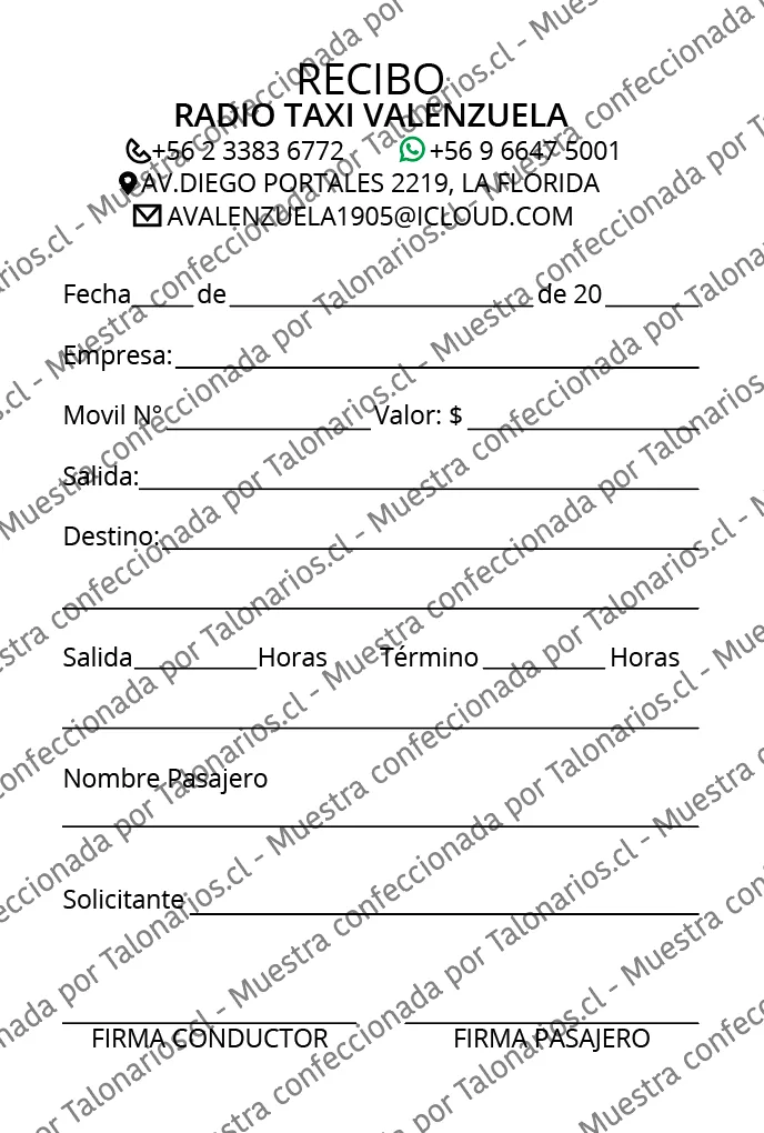 Muestra de taxi en tamaño Media carta