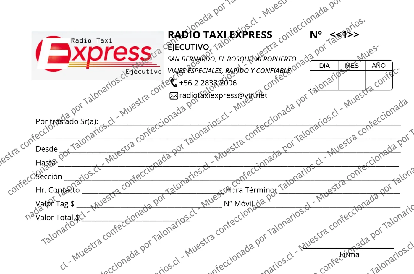 Muestra de taxi en tamaño Cuarto carta